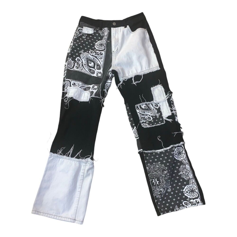 SHEIN Streetwear clothing EZwear Paisley Print Patchwork Print Boyfriend Jeans